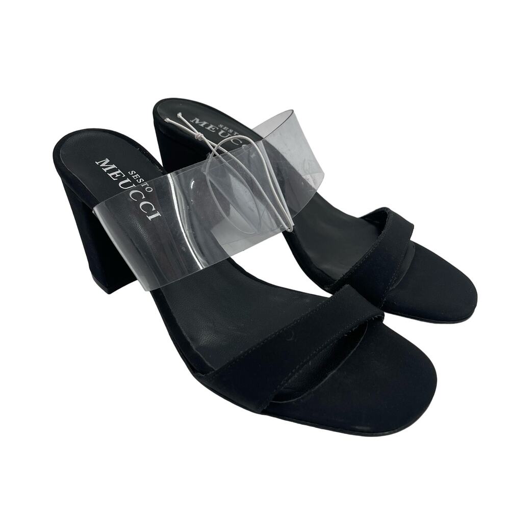 SESTO MEUCCI Heels Size 37 (US 6-6.5) Leather Fabric Black Clear Heeled Sandals